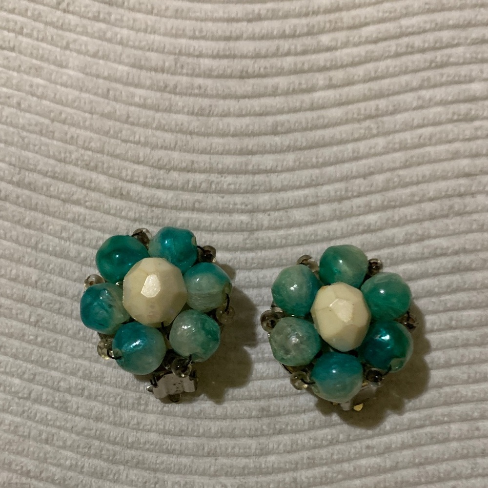 Elegant Vintage Beaded Turquoise & Cream Clip-On Earrings